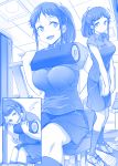  1girl :d arm_behind_back breasts clipboard collared_shirt comic directional_arrow employee_uniform exercise exercise_machine gym himura_kiseki kneehighs large_breasts leaning_forward looking_to_the_side monochrome multiple_views open_mouth original ponytail shirt shoes short_sleeves shorts sidelocks silent_comic sitting smile sneakers solo standing uniform v_arms 