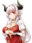  1girl alicia_(granblue_fantasy) breasts cleavage covered_nipples cross cross_earrings earrings gloves granblue_fantasy heart heart-shaped_pupils highres horns jewelry large_breasts long_hair pointy_ears red_eyes silver_hair simple_background smile solo symbol-shaped_pupils unname white_background white_gloves 