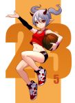  1girl basketball fkey grey_hair highres midriff original pointy_ears red_eyes short_hair solo twintails 
