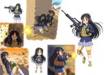  &gt;_&lt; akiyama_mio assault_rifle battle_rifle black_eyes black_hair closed_eyes explosion firing gloves gun helicopter hime_cut injury k-on! long_hair military multiple_girls muzzle_flash operator rifle school_uniform shotgun suupii weapon 