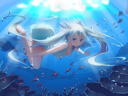  1girl blue_dress blue_eyes blue_hair blue_ribbon dress fish hair_ribbon hatsune_miku long_hair qingchen_(694757286) ribbon shinkai_shoujo_(vocaloid) smile solo twintails underwater very_long_hair vocaloid 