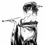  1girl artist_request bare_shoulders breasts cleavage comb greyscale japanese_clothes lipstick long_hair looking_to_the_side makeup monochrome smoking_pipe 