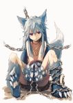  1girl animal_ears bare_shoulders blue_hair bound bound_wrists chain claws collar collarbone fangs fenrir_(shingeki_no_bahamut) full_body granblue_fantasy hair_between_eyes highres hizakozouzu jewelry long_hair looking_at_viewer open_mouth paws red_eyes shingeki_no_bahamut sitting solo tail tattoo white_background wolf_ears wolf_tail 