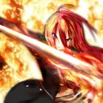  1girl cloak fire green_skirt highres holding holding_sword holding_weapon long_hair looking_at_viewer midriff navel red_eyes redhead shakugan_no_shana shana skirt smile solo sword weapon 