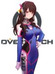  1girl arm_at_side bangs blurry bodysuit breasts brown_eyes brown_hair bunny_print closed_mouth clothes_writing copyright_name cowboy_shot d.va_(overwatch) depth_of_field eyelashes facial_mark gloves hand_on_hip headphones highres kinven long_hair looking_at_viewer overwatch sketch solo white_background 