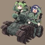  2girls absurdres anchovy arm_support bangs belt black_boots black_hair black_shirt boots braid dress_shirt drill_hair girls_und_panzer green_hair grey_background grey_jacket grey_pants grey_skirt hair_ribbon highres knee_boots kneeling knife long_hair long_sleeves metal_slug military military_uniform military_vehicle miniskirt multiple_girls pants pencil_skirt pepperoni_(girls_und_panzer) red_eyes ribbon riding riding_crop shirt short_hair shoulder_belt side_braid simple_background sitting skirt sv001_(metal_slug) tank twin_drills twintails uniform vehicle yamamoto_souichirou 