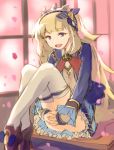  1girl :d absurdres armadillo-tokage ass blonde_hair cagliostro_(granblue_fantasy) crown desk granblue_fantasy highres long_hair looking_at_viewer open_mouth petals sitting smile solo thigh-highs violet_eyes white_legwear 