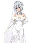  1girl blue_eyes breasts cleavage collar collarbone covered_navel dress elbow_gloves gloves jewelry la_folia_rihavein long_hair necklace see-through silver_hair simple_background smile solo strike_the_blood wedding_dress white_background white_dress white_gloves 