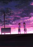  2girls backlighting black_hair brown_hair canned_coffee closed_eyes clouds commentary holding leaning_forward looking_at_another looking_to_the_side multiple_girls neck_ribbon original outdoors power_lines ribbon scenery school_uniform short_hair sign sky sleepy star_(sky) sunlight sunrise tabata_mihira telephone_pole train_station unbuttoned untied 