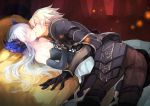  1boy 1girl armor bangs bare_shoulders bent_over black_gloves breasts cleavage closed_eyes closed_mouth colored_eyelashes cross-laced_clothes dress feathered_wings gin_(oyoyo) gloves gwendolyn head_wings hetero highres kiss light_particles long_hair lying odin_sphere on_back on_bed oswald pants pauldrons profile silver_hair strapless strapless_dress white_hair wings 