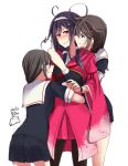  3girls ahoge aqua_eyes arm_around_neck black_hair blush dated dual_persona fingerless_gloves gloves hair_ornament hairclip hug japanese_clothes kairoushu_(dones01127) kantai_collection kimono multiple_girls red_eyes remodel_(kantai_collection) ryuuhou_(kantai_collection) shigure_(kantai_collection) skirt smile taigei_(kantai_collection) yuri 