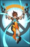  1girl bodysuit brown_eyes brown_hair dual_wielding emi-tan gloves goggles gun handgun highres jacket looking_at_viewer overwatch short_hair solo tracer_(overwatch) weapon 