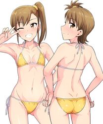  2girls ass back bikini brown_eyes brown_hair collarbone cowboy_shot futami_ami futami_mami grin highres idolmaster looking_at_viewer multiple_girls navel one_eye_closed one_side_up siblings side-tie_bikini side_ponytail sisters small_breasts smile swimsuit tsurui v yellow_bikini 