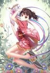  1girl absurdres antlers bangs black_hair brown_eyes camellia_(flower) cherry_blossoms closed_mouth floral_print flower frilled_kimono frills from_side full_body geta guangfu_bao_tong_meng0-0 hair_ribbon highres holding_mask japanese_clothes kimono koutetsujou_no_kabaneri leaf long_sleeves looking_at_viewer mask mask_removed motion_blur mumei_(kabaneri) natsume_yuujinchou obi ribbon sash short_kimono solo twintails wide_sleeves yellow_ribbon 