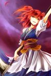  1girl :d arm_up hair_bobbles hair_ornament head_tilt japanese_clothes kutsuki_kai looking_at_viewer obi onozuka_komachi open_mouth petals puffy_short_sleeves puffy_sleeves red_eyes redhead sash scythe shaded_face short_sleeves smile solo touhou twintails two_side_up 