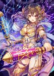  1girl bangs bare_shoulders breasts brown_hair cleavage clouds company_name dual_wielding earrings hair_ornament holding holding_weapon jewelry lightning long_hair madogawa moeru!_jiten navel necklace official_art open_mouth original red_eyes ring sash sidelocks solo star_(sky) thigh-highs 