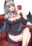  1girl absurdres apple bikini black_dress breasts cleavage couch demon_girl demon_horns demon_wings dress food fruit highres horns large_breasts long_hair looking_at_viewer no_bra open_mouth original side_slit silver_hair sitting solo succubus suika_(atelier-yuu) swimsuit tiara wings yellow_bikini 