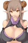  1girl armadillo-tokage bare_shoulders blush borrowed_character breasts brown_hair cleavage covering_mouth hands_together highres horns large_breasts long_hair looking_at_viewer pointy_ears solo yellow_eyes 