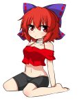  1girl adapted_costume bandaged_neck bare_shoulders barefoot bike_shorts blush bow collarbone contemporary crop_top full_body groin hair_bow highres katsumi5o looking_at_viewer midriff navel off_shoulder purple_bow red_eyes redhead sekibanki short_hair sitting solo touhou wariza white_background 