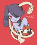  1girl bare_shoulders black_hair character_name glowing glowing_eye hair_over_one_eye leviathan_(skullgirls) looking_at_viewer ori_(yellow_duckling) red_eyes side_ponytail skullgirls smile squigly_(skullgirls) stitched_mouth stitches 