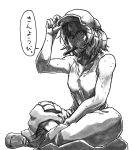  1girl adapted_costume boots cabbie_hat collarbone cucumber frustrated hair_bobbles hair_ornament hand_on_headwear hat indian_style kawashiro_nitori key koyubi_(littlefinger1988) looking_down mouth_hold muscle short_hair sitting small_breasts solo sweat tank_top toned touhou two_side_up 