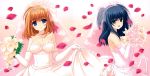  2girls absurdres aqua_eyes black_hair blue_eyes breasts brown_hair cleavage collarbone dress elbow_gloves fuyou_kaede gloves hair_ornament highres holding_bouquet jewelry long_hair looking_at_viewer multiple_girls necklace nishimata_aoi open_mouth petals sideboob smile strapless strapless_dress wedding_dress white_dress white_gloves yae_sakura 