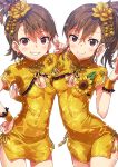  2girls brown_eyes brown_hair china_dress chinese_clothes dress earrings flower futami_ami futami_mami grin hair_flower hair_ornament hand_on_hip highres idolmaster idolmaster_million_live! jewelry multiple_girls narumi_arata siblings side_ponytail sisters smile twins v white_background wristband 