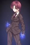  1girl bazett_fraga_mcremitz black_gloves brown_eyes brown_hair fate/hollow_ataraxia fate_(series) gloves magic mikazuchi_zeus mole mole_under_eye necktie purple_necktie short_hair solo 