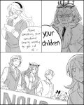  3boys 3girls breasts camilla_(fire_emblem_if) cleavage comic crown dl elise_(fire_emblem_if) english family_feud fire_emblem fire_emblem_if frown garon_(fire_emblem_if) hairband leon_(fire_emblem_if) mark_(fire_emblem) monochrome multiple_boys multiple_girls my_unit_(fire_emblem_if) open_mouth pointy_ears shaded_face sweat 