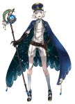  1boy :o absurdres belt black_gloves blue_cape blue_eyes cape capelet constellation_print elf fangs fantasy full_body gloves hand_on_hip hat highres kayanogura key kneehighs male_focus original pointy_ears shorts solo staff white_hair white_legwear 