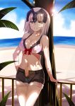  1girl beach bikini_top blonde_hair breasts cleavage collarbone denim denim_shorts fate/grand_order fate_(series) green_eyes jeanne_alter navel ocean open_clothes open_shorts outdoors ruler_(fate/apocrypha) ruler_(fate/grand_order) shorts solo yuge_(yuge_bakuhatsu) 