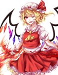  1girl absurdres ascot bangs blonde_hair blood blood_on_face bloody_hand collar cowboy_shot eyelashes fire flame flandre_scarlet frilled_collar frilled_skirt frills hair_between_eyes hat highres holding holding_weapon laevatein looking_at_viewer mob_cap one_eye_closed open_mouth red_eyes red_skirt red_vest sheya shirt short_hair short_sleeves simple_background skirt skirt_set solo teeth tongue touhou white_background white_shirt wings wrist_cuffs 
