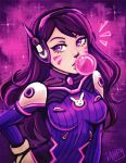  /\/\/\ 1girl artist_name bubble_blowing bubblegum contrapposto d.va_(overwatch) facial_mark iahfy long_hair overwatch pink_eyes purple_background purple_hair solo 