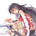  1boy 1girl ahoge ass bandaged_arm black_hair blush braid breasts closed_mouth collar folks_(nabokof) from_side hand_holding laphicet_(tales) large_breasts looking_up lying medium_breasts on_back sailor_collar side_braid sitting smile tales_of_(series) tales_of_berseria velvet_crowe wariza white_background yellow_eyes 