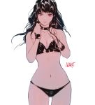  1girl black_hair bra breasts brown_eyes cleavage collar dated highres long_hair looking_at_viewer nail_polish navel original panties simple_background solo takssmask underwear underwear_only white_background wrist_cuffs 