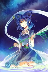  1girl blue_dress blue_eyes blue_hair dress drill_hair full_body grass hair_ornament hair_rings hair_stick kaku_seiga kneeling kutsuki_kai looking_at_viewer night night_sky shaded_face shawl sky smile solo touhou twin_drills vest 