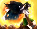  1girl arm_cannon black_hair black_wings bow cape feathered_wings finger_to_mouth hair_bow highres long_hair naughty_face nnyara open_mouth ponytail profile red_eyes reiuji_utsuho solo third_eye touhou weapon wings 