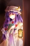  1girl book crescent crescent_moon_pin hair_ribbon kutsuki_kai lantern long_hair patchouli_knowledge purple_hair ribbon solo touhou violet_eyes 