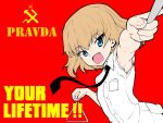  1girl bangs blonde_hair blue_eyes dress_shirt emblem fang foreshortening girls_und_panzer hanzawa821 holding instrument katyusha looking_at_viewer necktie open_mouth pointing red_background shirt short_hair short_sleeves smile solo triangle_(instrument) white_shirt 