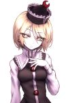  1girl black_hat black_vest blonde_hair buttons crescent earrings expressionless eyebrows eyebrows_visible_through_hair frilled_hat frilled_shirt_collar frills hair_between_eyes hat head_tilt jewelry long_sleeves lunasa_prismriver miata_(pixiv) pale_skin shirt short_hair simple_background solo touhou vest white_background white_shirt yellow_eyes 
