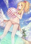  1girl ball beach beachball bikini blonde_hair blue_sky brown_eyes eromanga_sensei highres kikkaiki looking_at_viewer navel outdoors pointy_ears ponytail sky smile solo swimsuit yamada_elf 