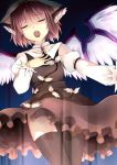  1girl bird_ears bird_wings black_legwear closed_eyes hand_on_own_chest hat highres mystia_lorelei nnyara pink_hair singing solo touhou wings 