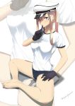  1girl blonde_hair blue_eyes buruma feet_together gloves graf_zeppelin_(kantai_collection) gym_uniform hat highres kantai_collection long_hair peaked_cap sitting touyama_eight twintails zoom_layer 
