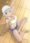  commentary_request dark_skin flying_witch green_eyes highres kowata_akane midriff shorts toketō white_hair 