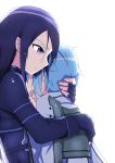  1boy 1girl black_eyes black_gloves black_hair blue_hair crying fingerless_gloves gloves hug kirito_(sao-ggo) long_hair open_mouth shinon_(sao) short_hair simple_background sword_art_online white_background yasumoli 