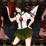  1girl arm_cannon black_hair black_wings bow cape caution contrapposto hair_bow hand_on_hip kneehighs long_hair miniskirt nnyara open_mouth radiation_symbol red_eyes reiuji_utsuho skirt solo third_eye touhou weapon wings 