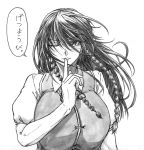  1girl blush braid breasts chinese_clothes collared_shirt finger_to_mouth fingernails hair_tie hong_meiling huge_breasts index_finger_raised koyubi_(littlefinger1988) long_hair looking_at_viewer messy_hair monochrome no_hat one_eye_closed shirt smile solo tangzhuang toned touhou translated twin_braids wind 