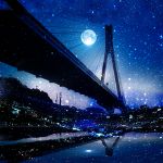  bridge building dark fisheye full_moon light_particles moon night night_sky no_humans original power_lines reflection scenery sky star_(sky) suspension telephone_pole water zonomaru 