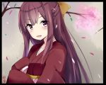  1girl blush bow cherry_blossoms hair_bow hakama heavens_thunder_(byakuya-part2) japanese_clothes kamikaze_(kantai_collection) kantai_collection kimono long_hair long_sleeves looking_at_viewer open_mouth petals purple_hair smile solo tree violet_eyes yellow_bow 