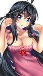  1girl ahoge bangs bare_shoulders black_hair blue_eyes bow breasts cleavage clenched_hands closed_mouth collarbone cross-laced_clothes dress eyebrows eyebrows_visible_through_hair hair_between_eyes highres large_breasts long_hair looking_at_viewer netoge_no_yome_wa_onna_no_ko_janai_to_omotta? paperfinger paw_pose pink_dress red_bow red_lips simple_background sleeveless sleeveless_dress smile solo strap_slip tamaki_ako white_background 